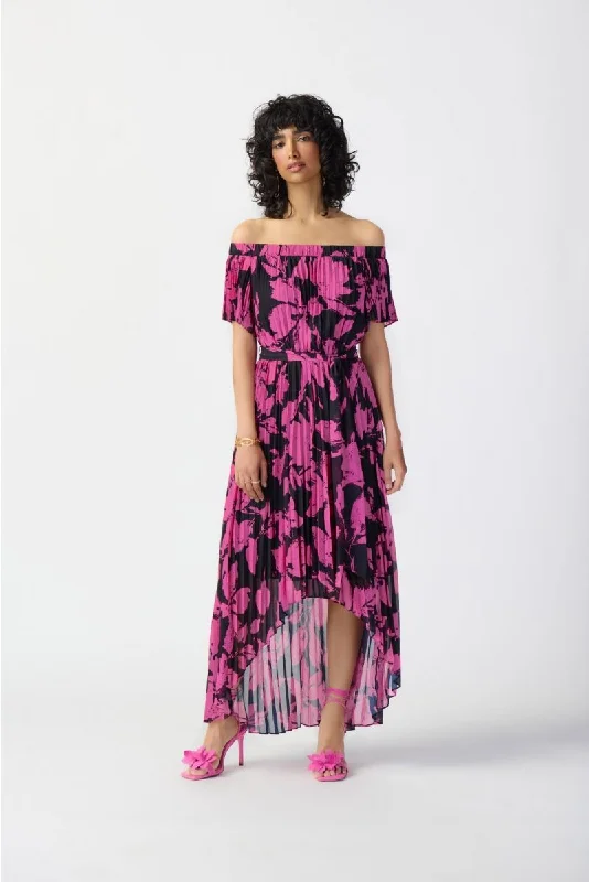 Women's maxi dress egg flair -Joseph Ribkoff Black/Pink Pleated Floral Chiffon Off-Shoulder Maxi Dress 241908