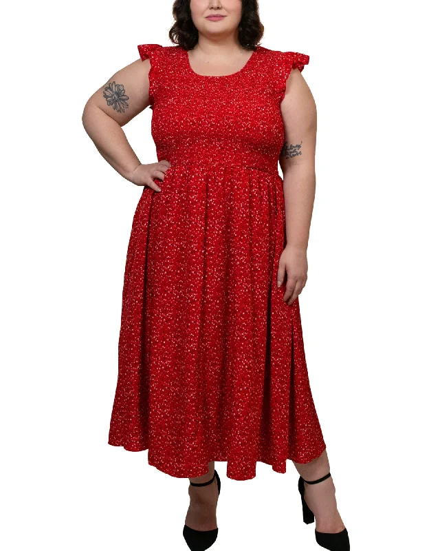 ladies-flared-dress-bell-bottom-bloom-Eleanor Midi Dress Smocked Bodice Fit Flared Red | Red