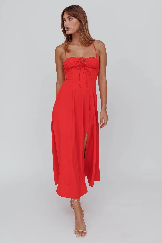 ladies-midi-dress-square-sweep-Euro Summer Split Hem Midi Dress Red