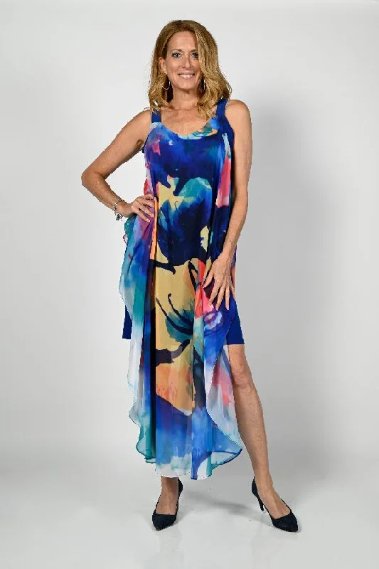 Women's maxi dress vast flair -Frank Lyman Design Blue/Yellow Floral Cold Shoulder Maxi Dress 236661U