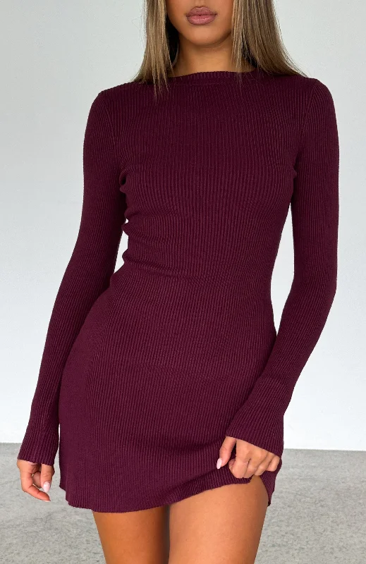 Women's mini dress star glow -Let's Be Together Long Sleeve Mini Dress Dark Merlot