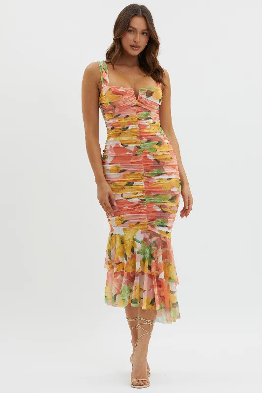 ladies-midi-dress-animal-allure-Nadia Ruched Fishtail Midi Dress Floral Orange