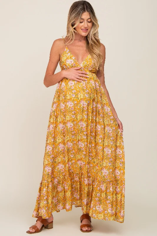 Women's maxi dress soil flair -Gold Floral Back Tie Cutout Maternity Maxi Dress