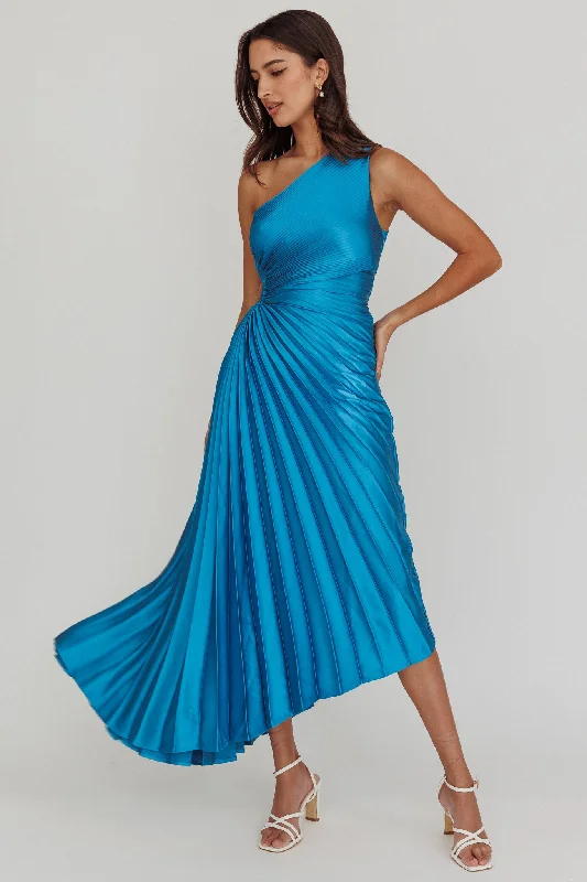 ladies-midi-dress-travel-tide-Brooklynn One-Shoulder Accordion Pleat Satin Midi Dress Teal