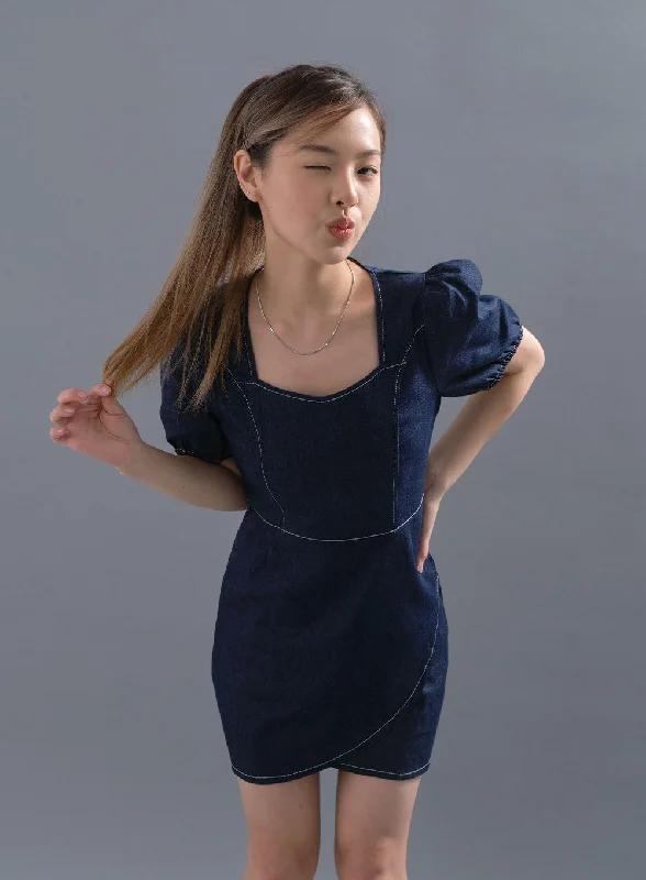 Women's mini dress now glow -Puff Sleeve Denim Mini Dress CM12