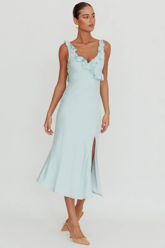 ladies-midi-dress-social-silk-Alba Frill Trim Midi Dress Baby Blue