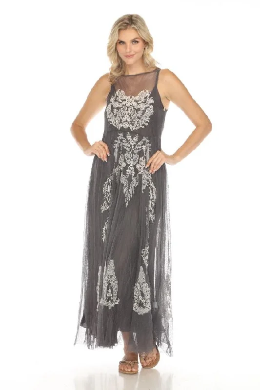 Women's maxi dress snag pop -Johnny Was Biya Grey Driftwood Mesh Embroidered Maxi Dress 8887 Boho Chic