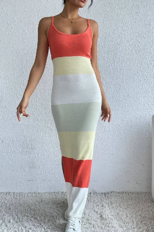 Women's maxi dress date flair -COLOR STRIPED BACKLESS SLIT KNIT SLIP MAXI DRESS_CWDMD1308