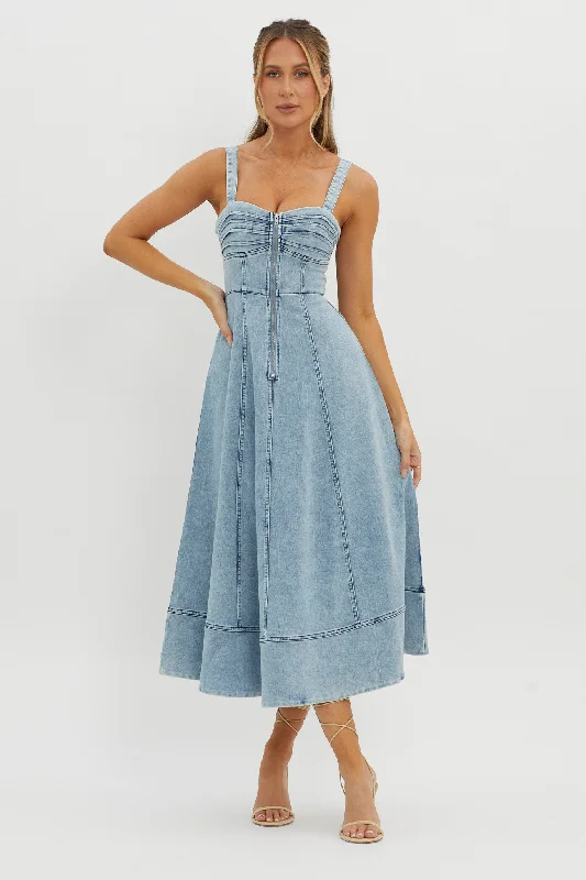 ladies-midi-dress-70s-sunset-Emilio Pleated Bust A-Line Midi Dress Denim Blue