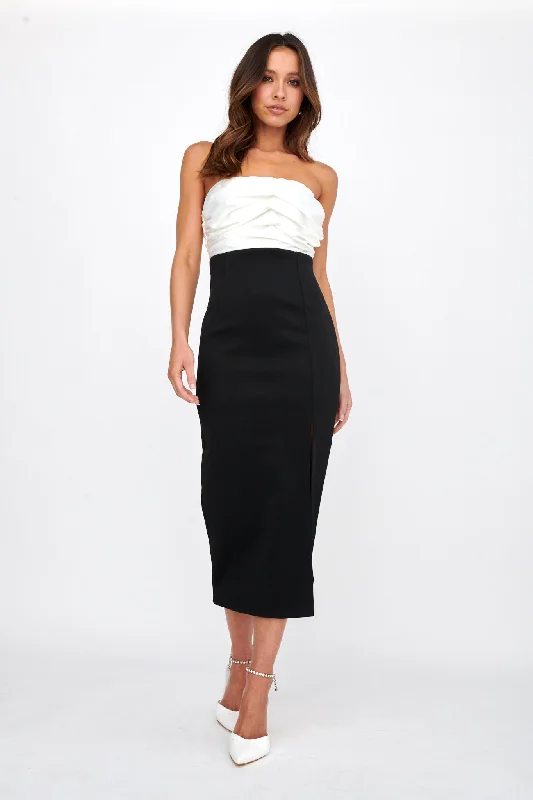 ladies-midi-dress-ecru-essence-Brandi Strapless Split Midi Dress White/Black