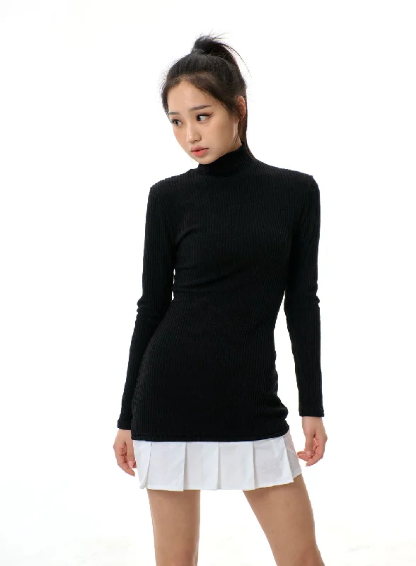 Women's mini dress grape pop -Layered Pleated Turtleneck Knit Mini Dress BJ312