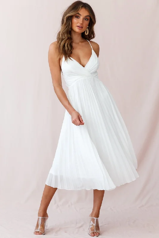 ladies-midi-dress-trendy-twirl-Artemis Accordion Pleat Strappy Back Midi Dress White