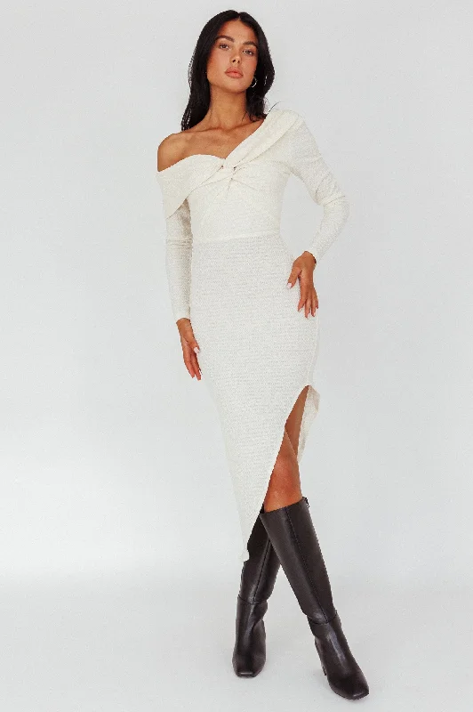 ladies-midi-dress-sepia-sweep-Annalora One-Shoulder Long Sleeve Midi Dress Cream