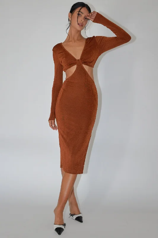 ladies-midi-dress-sepia-sweep-Acapulco Long Sleeve Cut-Out Waist Side Split Midi Jersey Dress Chocolate