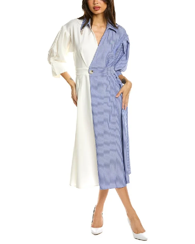 Women's shirt dress ease pop -Gracia Two-Tone Wrap Pintuck Shirtdress