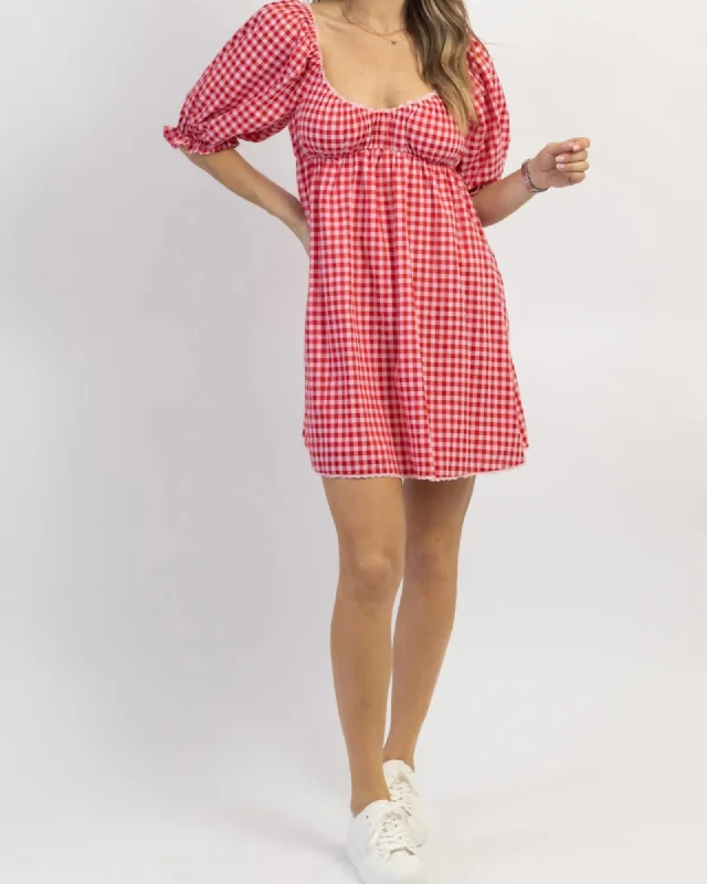 Women's mini dress short flair -Strawberry Fields Gingham Mini Dress In Red | Red