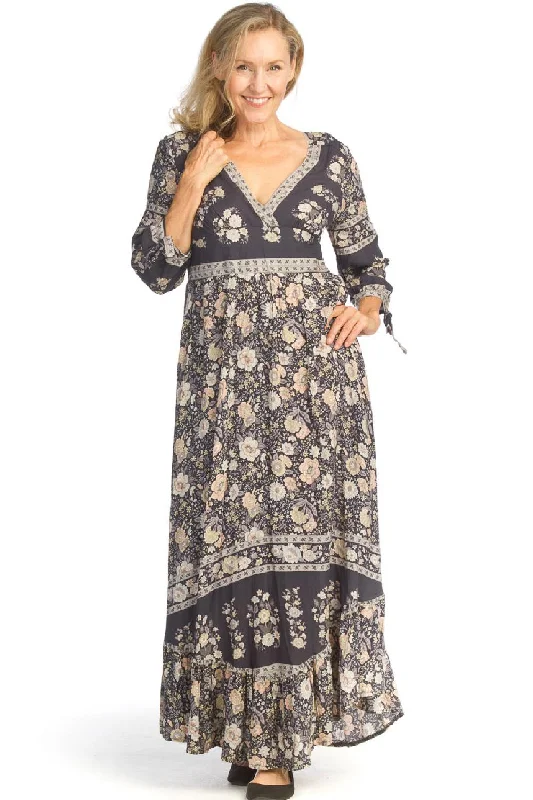 Women's maxi dress petal pop -Papillon Floral border Empire Waist Maxi Dress with Tie Sleeves PD-14752