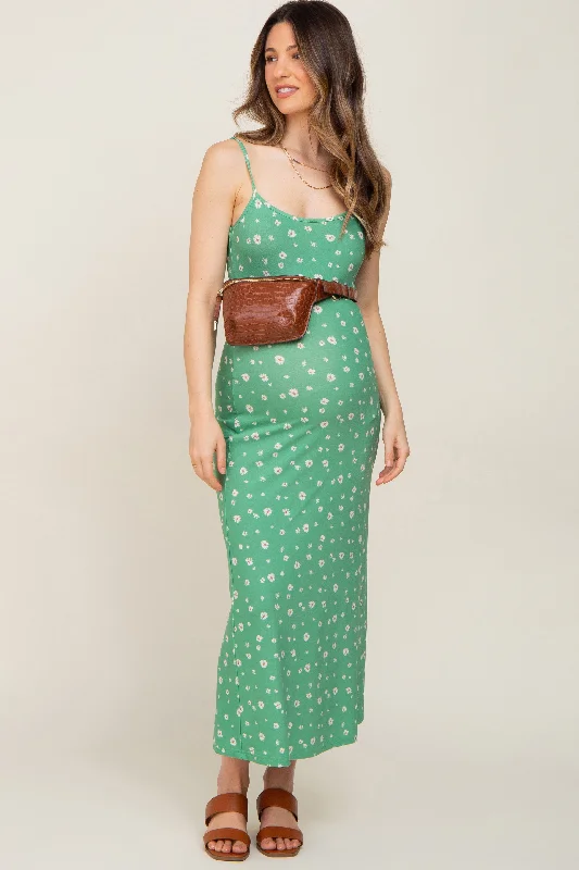 Women's maxi dress flare glow -Green Floral Sleeveless Maternity Maxi Dress