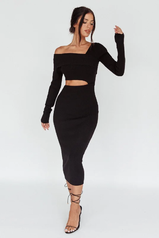 ladies-midi-dress-autumn-amber-Tamar Long Sleeve One-Shoulder Midi Dress Black