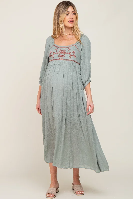 Women's maxi dress pure flair -Mint Embroidered 3/4 Sleeve Maternity Maxi Dress