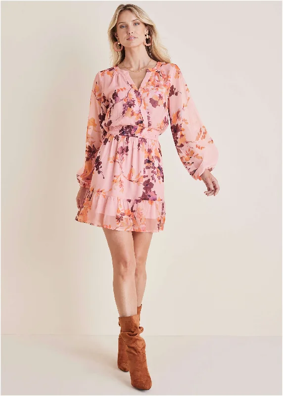 Women's mini dress pinch flair -Long Sleeve Floral Mini Dress - Winter Floral