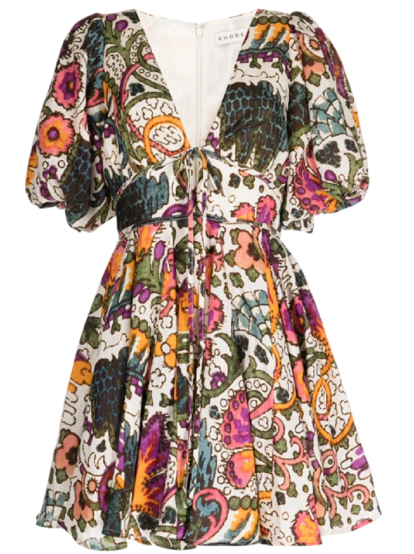 ladies-flared-dress-plunge-poise-Rhode Resort Linen Madeline Lamu Grande-print flared dress UK 8