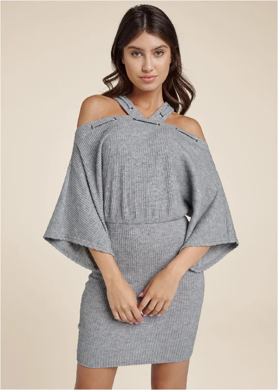 Women's mini dress curve glow -Cold-Shoulder Ribbed Mini Dress - Heather Grey