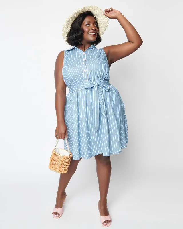 ladies-flared-dress-cinnamon-calm-Unique Vintage Curve Blue & White Striped Heart Buttoned Flare Dress | Blue & White Stripe