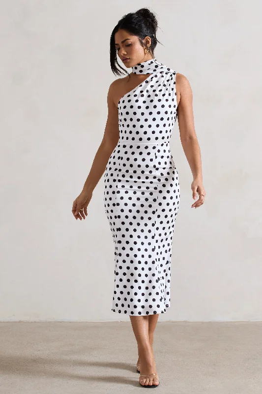 ladies-flared-dress-wine-whisper-Golden Girl | White Polka Dot One Shoulder High-Neck Flared Midi Dress