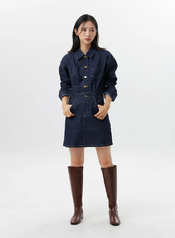 Women's mini dress spark flair -Denim Mini Shirt Dress OG315