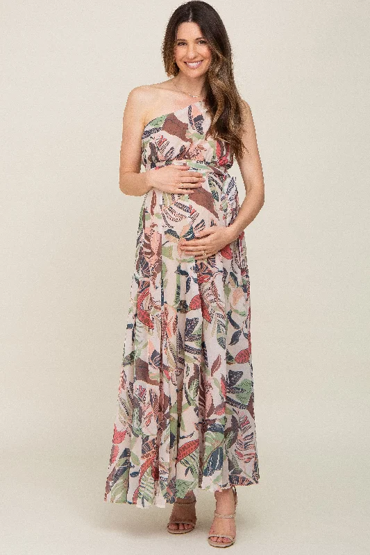 Women's maxi dress bloom flair -Taupe Leaf Print Chiffon One Shoulder A-Line Waist Tie Maternity Maxi Dress