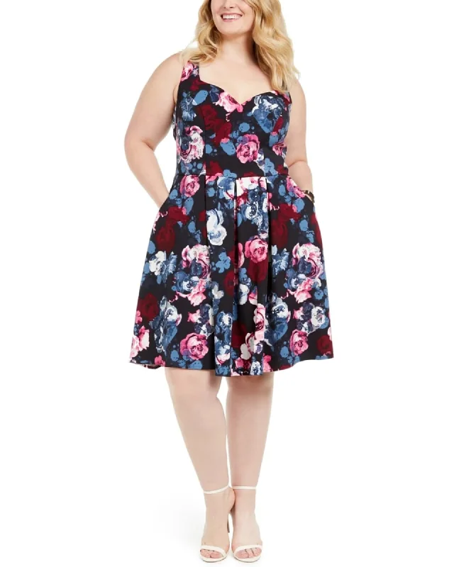 ladies-flared-dress-day-to-dusk-Trixxi Women's Trendy Plus Size Floral-Print Fit & Flare Dress Navy Size 18W | Blue