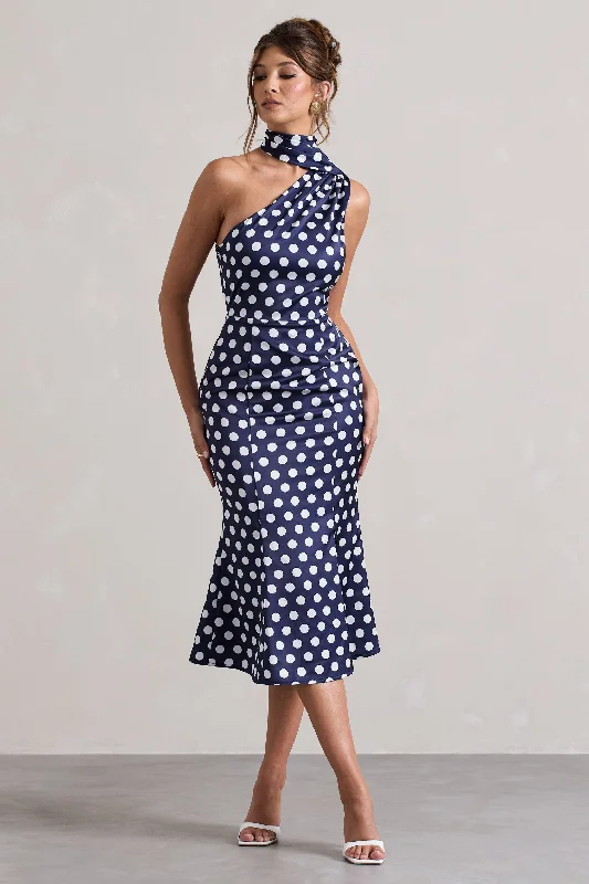 ladies-flared-dress-cerulean-cool-Golden Girl | Navy Polka Dot Asymmetric High-Neck Flared Midi Dress