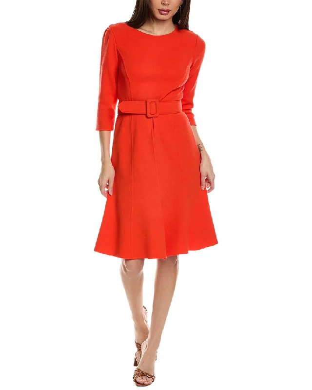 ladies-flared-dress-sheer-shimmer-Oscar de la Renta Belted Wool-Blend Flare Dress