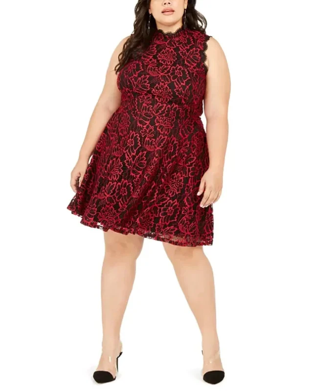 ladies-flared-dress-padded-petal-City Studios Women's Plus Lace Fit & Flare Dress Red Size 18W | Red