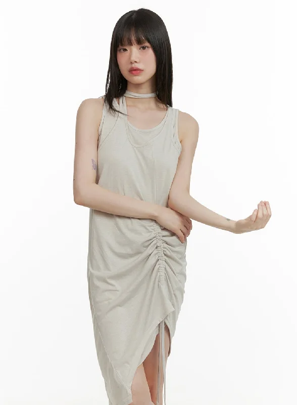 Women's mini dress sleek pop -Shirred String Sleeveless Mini Dress CY428