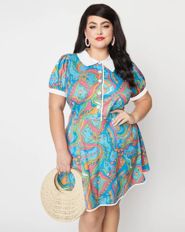 ladies-flared-dress-striped-sweep-Smak Parlour Psychedelic Floral River Fit & Flare Dress | Blue, Floral, Rainbow