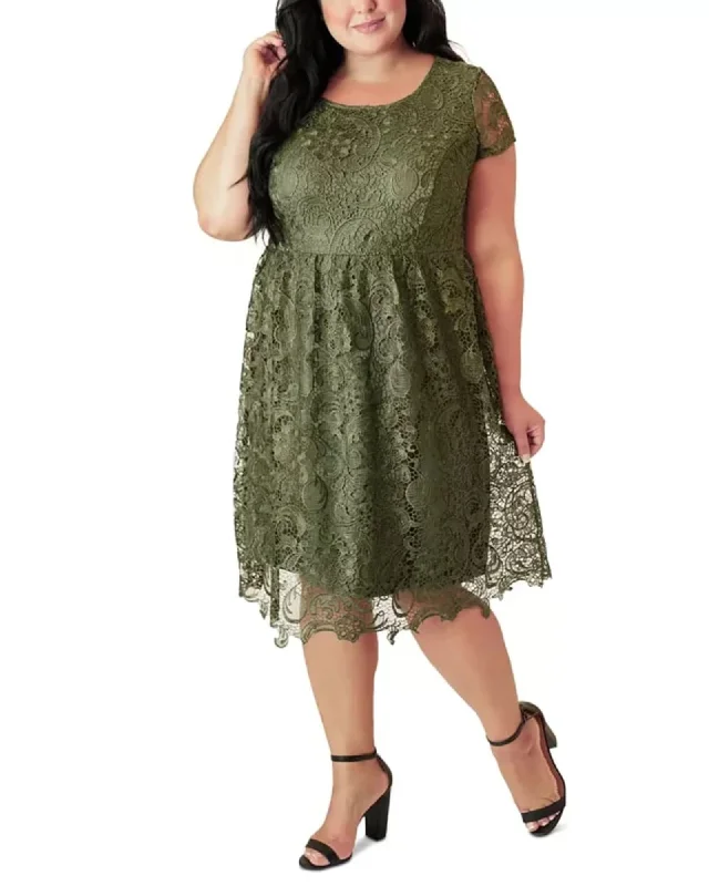 ladies-flared-dress-high-neck-hush-Maree Pour Toi Women's Plus Maree Pour Toi Lace Fit & Flare Dress Green Size 12W | Green