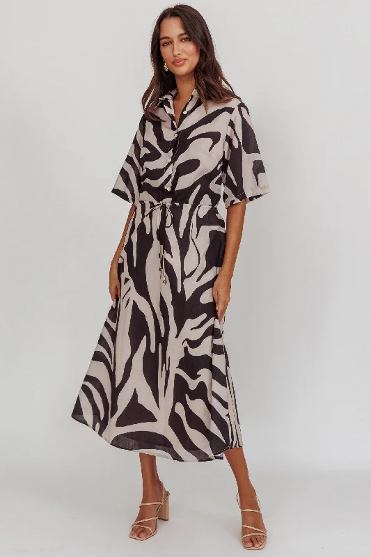 ladies-midi-dress-bold-bloom-Tiki Boxy Sleeve Print A-line Midi Dress Beige