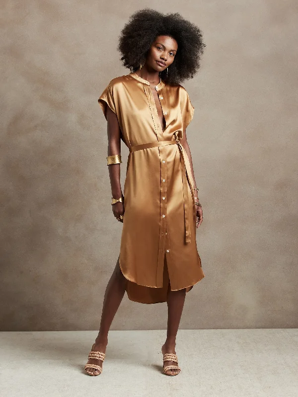 Women's shirt dress brim flair -Serenade Silk Shirtdress