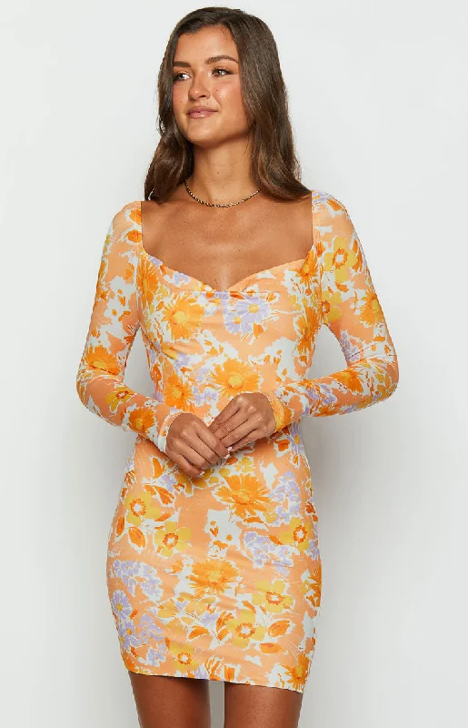 Women's mini dress short flair -Ashi Orange Floral Long Sleeve Mini Dress