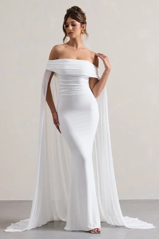 Women's maxi dress fade glow -Carlotta | White Bardot Maxi Dress With Chiffon Cape