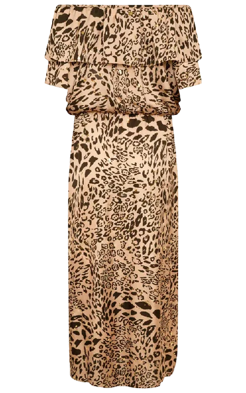 Women's maxi dress craft chic -NAIA Leopard Halle Bardot Frill Maxi Dress Golden Leopard UK M