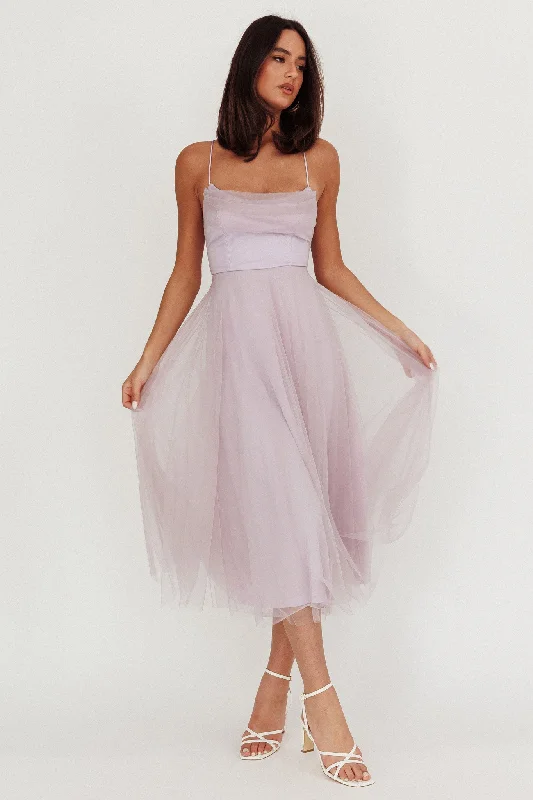 ladies-midi-dress-chiffon-chic-Floating By Pleated Neckline Mesh Midi Dress Lilac