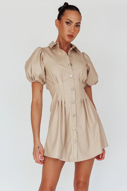 Women's shirt dress beat chic -Zurich Pleated Waist Shirt Dress Faux Leather Nude