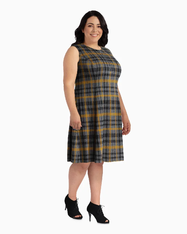 ladies-flared-dress-seasonal-silk-Denver Fit and Flare Dress | Yellow / Charcoal Grey