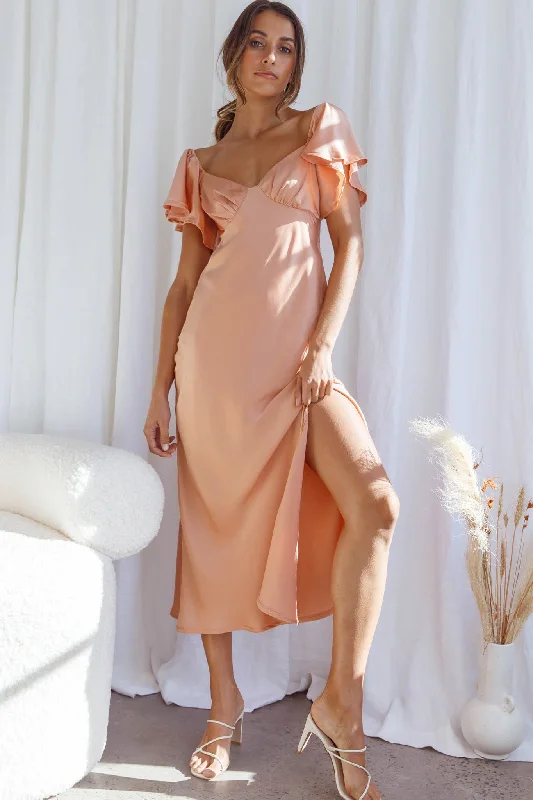 ladies-midi-dress-loose-luster-Park Avenue Flutter Sleeve Side Split Midi Dress Apricot