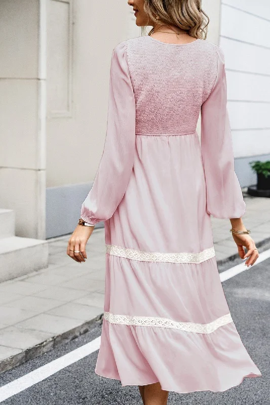 Women's maxi dress gem chic -WOMEN LACE TRIM LONG SLEEVE ELEGANT MAXI DRESS