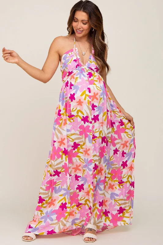 Women's maxi dress easy glow -Fuchsia Floral Deep V Halter Maternity Maxi Dress