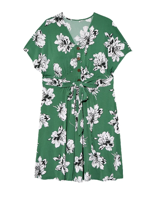 ladies-flared-dress-lilac-luster-Roseville Button Front Flare Sleeve A-line Dress | Kelly Green / White